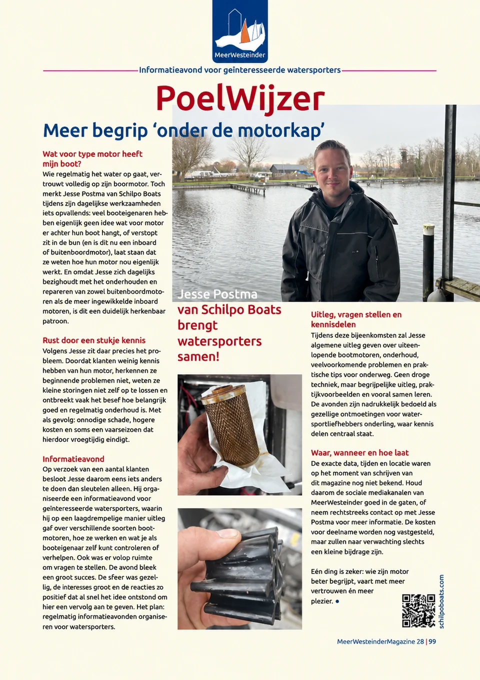 Volledige pagina uit MeerWesteinder Magazine 28 met het PoelWijzer-artikel Meer begrip onder de motorkap over Jesse Postma